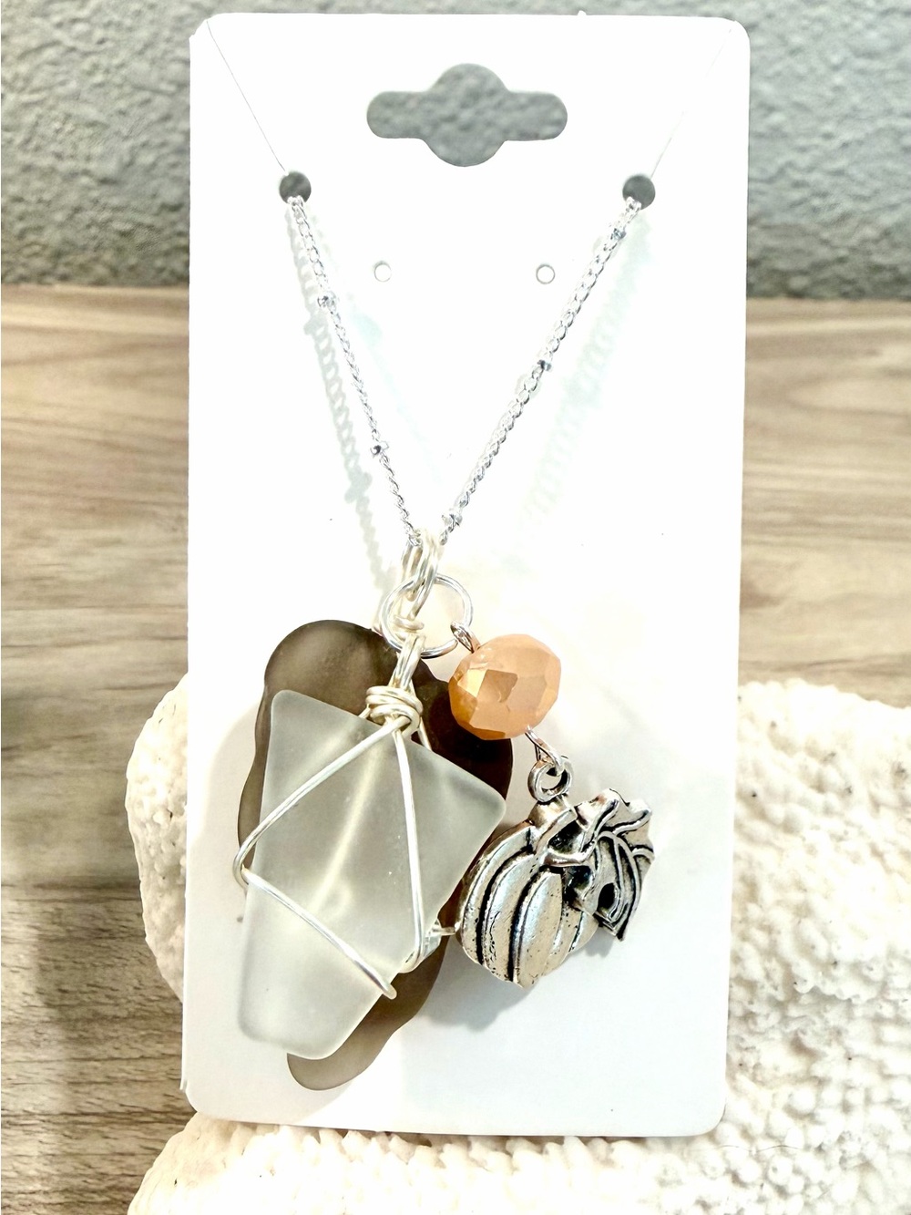 65. Handmade necklace with silver pumpkin and smoky and frosted White Sea glass